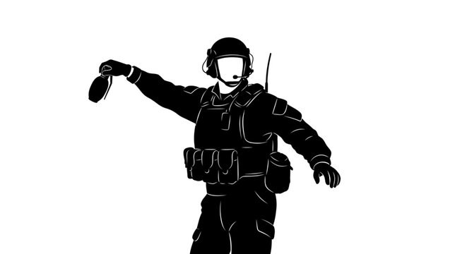 Soldier throwing a stun grenade, tactical gear, protest control, law enforcement, military action