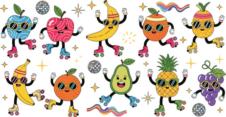 Naklejka premium Colorful Fruits Roller Skating with Fun, Disco Style Fruits in Sunglasses for Playful and Energetic Illustration Designs
