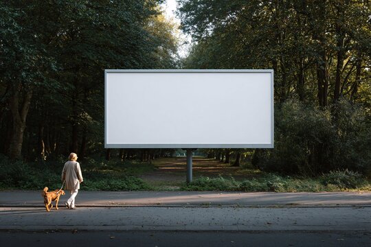 Blank billboard mockup in a park with a person walking a dog