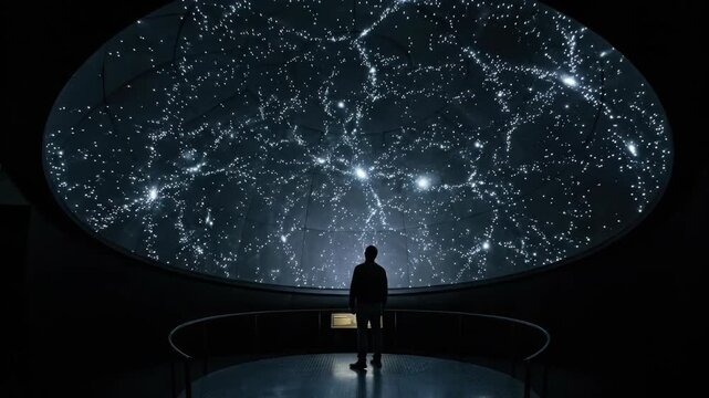 A deep-field telescope image aesthetic rendered as a physical installation shows a dark room with thousands of fiber optic points embedded in a curved ceiling, each fiber