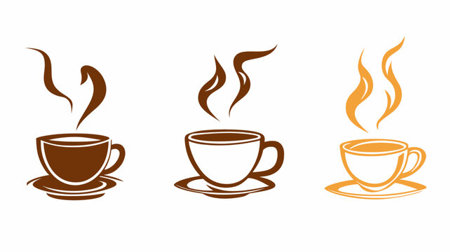 Three stylized depictions of coffee cups, steam rising, each with different hues of brown and orange