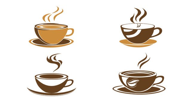 Four stylized coffee cup illustrations in varying brown and tan color schemes on a white backdrop