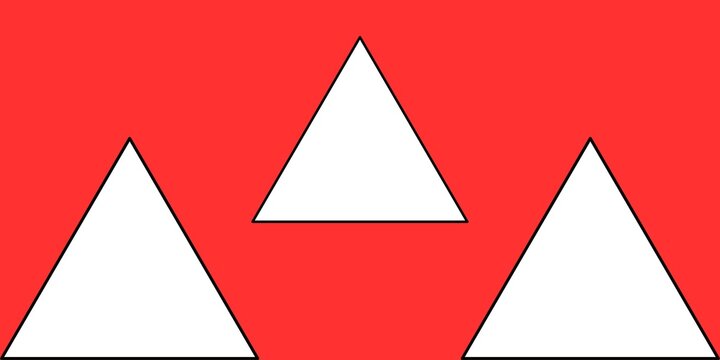cAn illustration featuring three white triangles with black outlines, arranged in a triangular formation against a solid red background, minimalist graphic design, geometric composition, clean lines, 