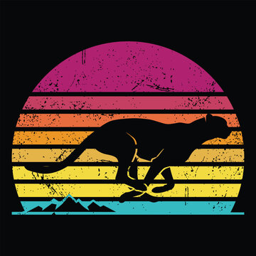 Running Cheetah - fast wild cat silhouette with retro sunset and mountain peaks
