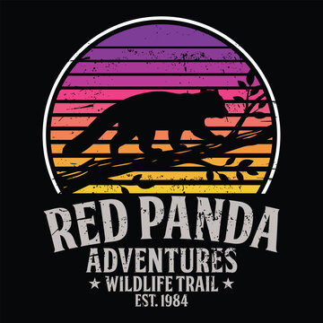 Red Panda Adventures - red panda on tree branch with vintage sunset logo