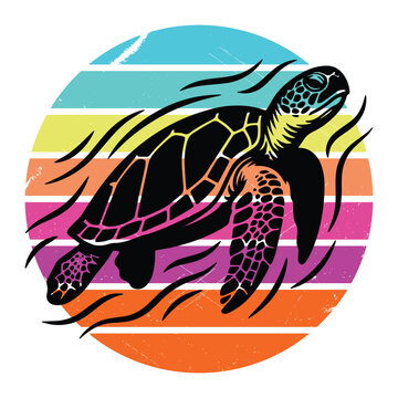 Sea Turtle - swimming marine turtle silhouette with vintage sunset background