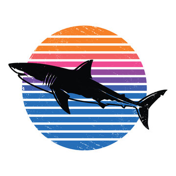Great White Shark - swimming shark silhouette with ocean blue retro sun