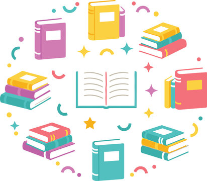 Books circle composition with open book and colorful textbooks isolated on transparent background education learning vector illustration