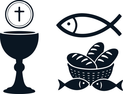 Christian symbols including chalice, fish, bread, and host during communion