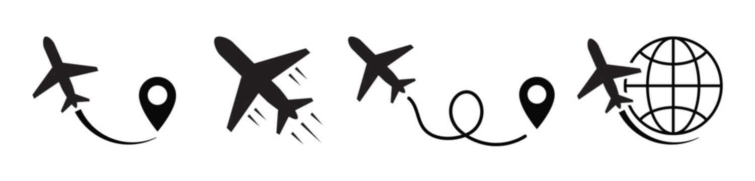 Airplane Flight Path Icon Set with Route Navigation and Location Pin Travel Map Globe Aviation Transport Vector Collection
