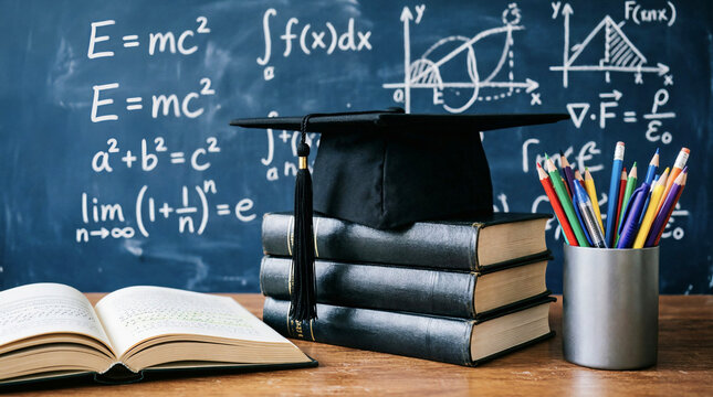Graduation cap on stack of books with blackboard mathematical formulas background