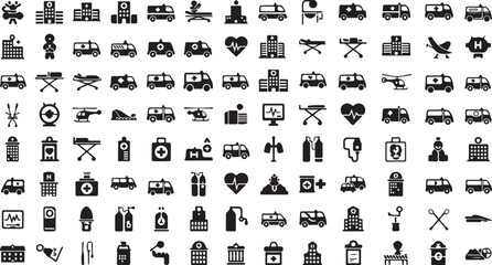 Obraz premium Black icons set, 100+ business, travel, and object symbols, vector graphics