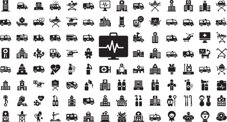 Obraz premium Medical, healthcare icons set, 100 symbols, black and white, vector graphics, health care signs, medical illustration, wellness icons