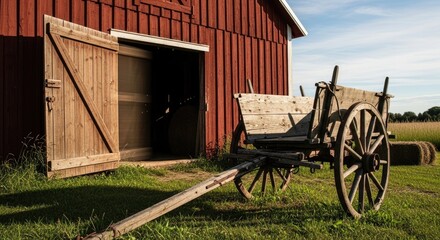 Fototapeta premium Rustic wooden cart parked near the red barn.