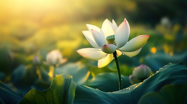 affiliation. Single lotus flower in bloom at sunrise, morning dew on petals, soft natural backlight, serene. gardening catalogs, home-decor guides, designed for gardening and botanical catalogs.