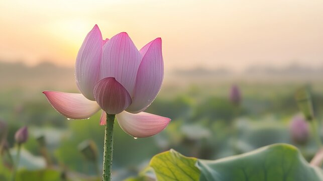 affiliation. Single lotus flower in bloom at sunrise, morning dew on petals, soft natural backlight, serene. gardening catalogs, home-decor guides, designed for gardening and botanical catalogs.
