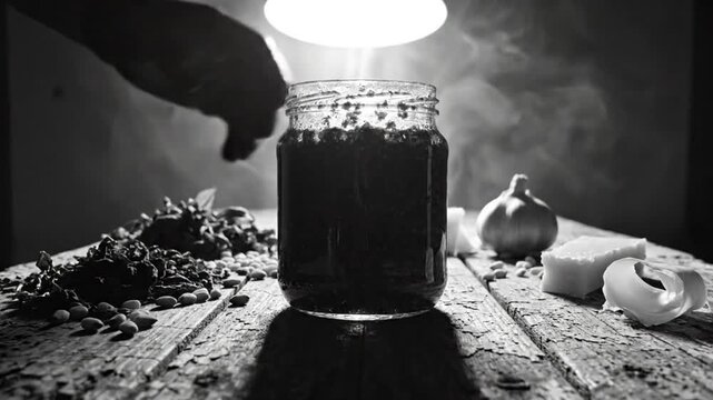 Black and white still life with jar of pesto, herbs, garlic, and cheese on rustic wooden surface