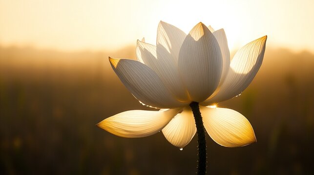 affiliation. Single lotus flower in bloom at sunrise, morning dew on petals, soft natural backlight, serene. gardening catalogs, home-decor guides, designed for gardening and botanical catalogs.