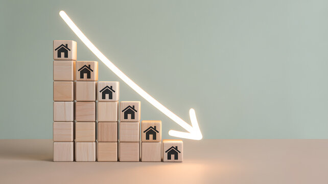 Wooden blocks with house symbols show a downward trend on a table with a decreasing arrow