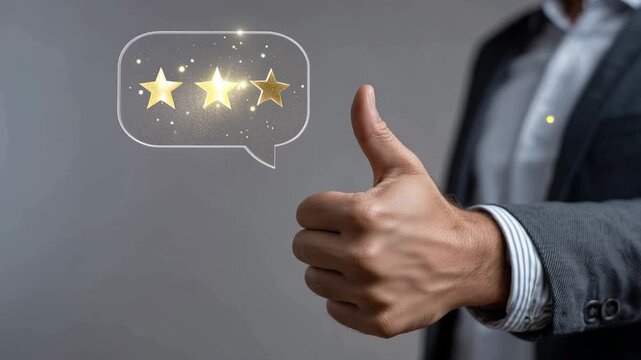 Five Star Customer Review with Thumbs Up Hand Gesture, Positive Feedback, Client Satisfaction Rating, Excellent Service, Business Reputation, Quality Evaluation