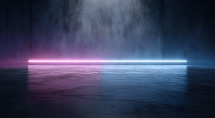 Obraz premium Long fluorescent tube light with pink and blue colors illuminating modern empty concrete room interior creating futuristic ambiance and minimalist backdrop
