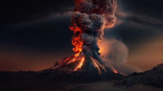 Volcano eruption under the Milky Way galaxy at night. Dramatic lava explosion and smoke against a starry sky. Natural disaster and geology