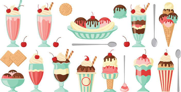 Classic Ice Cream Sundaes, Milkshakes, and Cones with Cherries, Syrup, and Biscuits for Sweet Treats Illustration