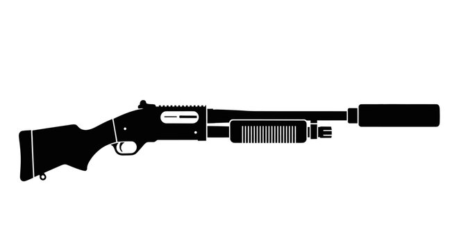 Black silhouette of a tactical shotgun with a suppressor, isolated on white background.