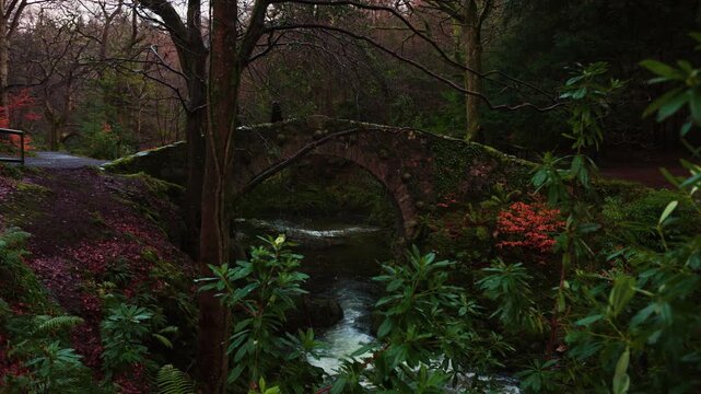 Person Walking Across Foleys Bridge in Tollymore Forest Park with Flowing Water After Rain