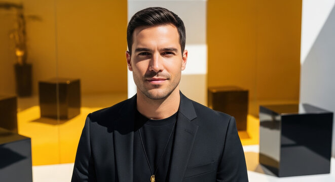 Confident young man in a bright setting showcasing charisma against a modern backdrop with copy space