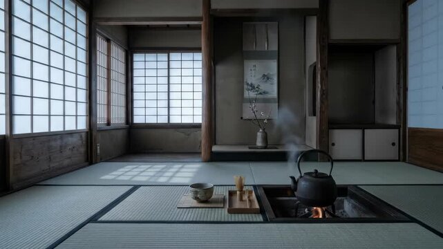 A traditional Japanese tea house interior at first light, pale grey dawn filtering through shoji screens casting a grid of soft shadow rectangles across a tatami floor, a