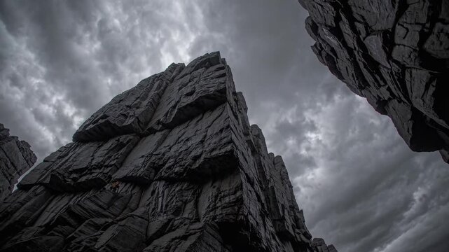 Low angle view looking up from inside a dark rocky canyon. Towering jagged stone cliffs reaching towards a stormy sky. Dramatic geological formation