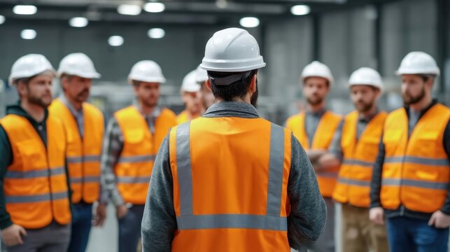 Group of Industrial Workers in Safety Vests Listening to Leader in Modern Warehouse Environment
