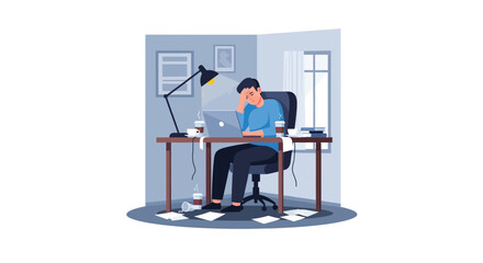 Fototapeta premium Man sitting at desk with laptop. Office worker illustration. Businessman at computer. Modern workspace scene. Vector graphic. White background.