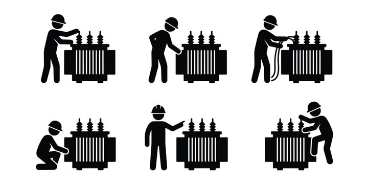 Electrician working on power transformer icons, electrical engineer maintenance pictograms, industrial power supply repair vector set