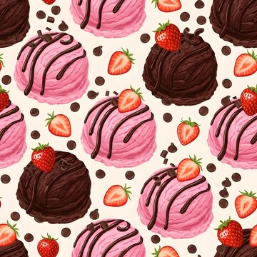 Seamless Pattern of Chocolate Truffles Pink Ice Cream Strawberries