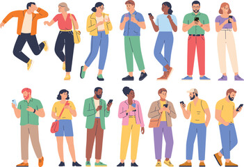 Obraz premium People using smartphones set, modern communication lifestyle characters, diverse users vector illustration collection design