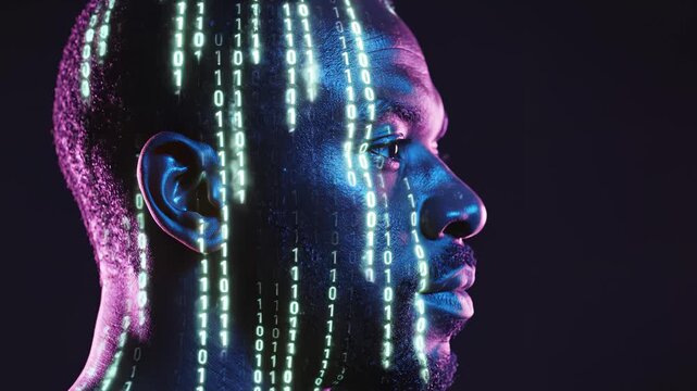 Profile of a man with digital binary code for commercial backgrounds, digital design, and advertising