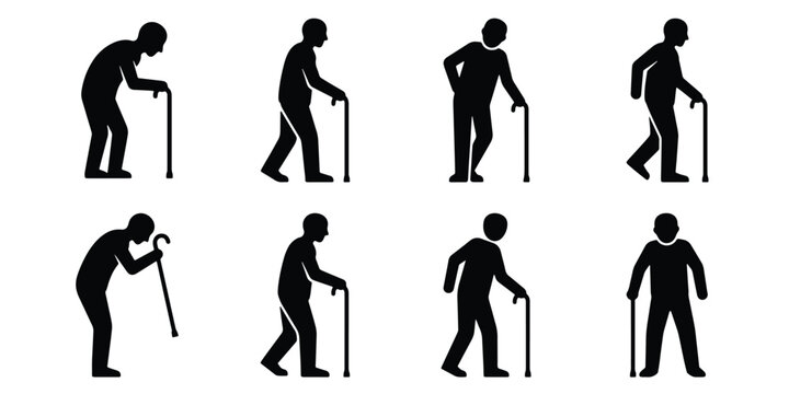 Elderly man silhouette icons set, senior male figures with walking sticks, 8 vector silhouettes of aging men with canes for healthcare design
