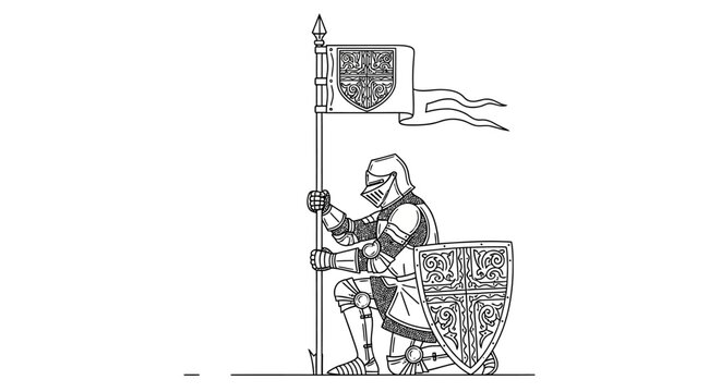 Knight in Armor Holding Flag and Shield, Medieval Warrior Kneeling with Heraldry