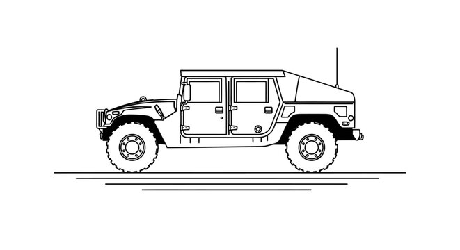 Military Humvee Vehicle Line Art Illustration, Side View