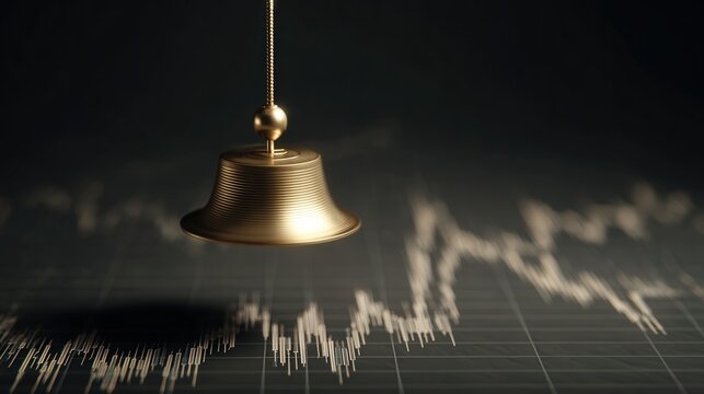 Brass bell over volatile market chart, sharp white jagged line tracing intraday swings, shallow depth, dramatic lowkey lighting, metallic texture, symbolic market alert for trading desks and news