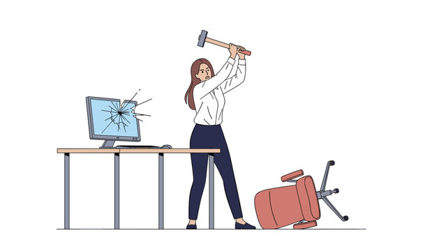 Angry woman in office attire swinging a hammer to smash a computer monitor with broken glass and a fallen chair on white background.