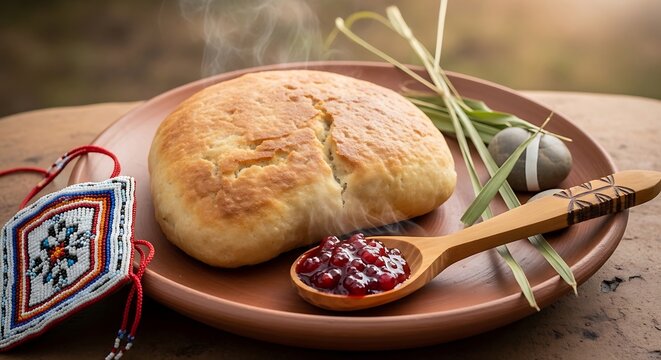 Steaming hot bannock bread with jam on a wooden table. vbannock