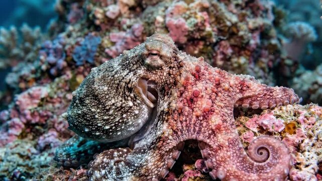 A cephalopod camouflage display captured at macro scale, an octopus mid-transformation across a coral-encrusted rock surface, half its body still matching the coral texture in