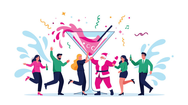 Group of people in business attire celebrating a Christmas party with Santa Claus dancing around a giant pink cocktail glass with straw.