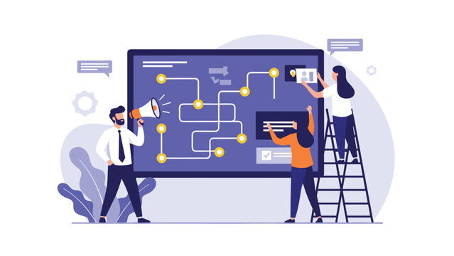 Team of professionals working together on a complex project strategy displayed on a large screen with paths and nodes in a modern office.