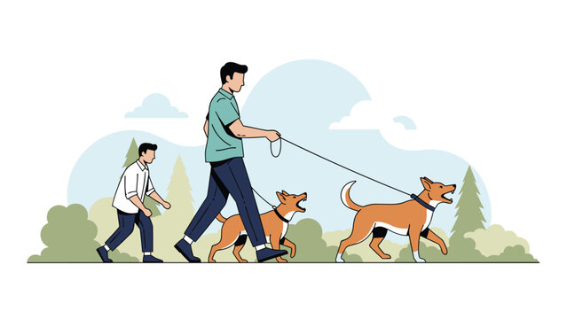 Two men walking their dogs in a park with trees and hills, showing one man with two barking dogs and another man walking behind them.
