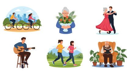 Fototapeta premium Set of active seniors enjoys various hobbies like cycling, gardening, and dancing to maintain a healthy lifestyle.
