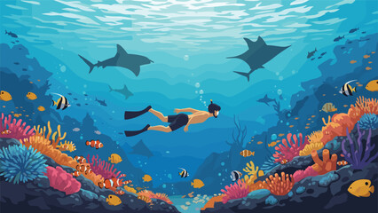 Man snorkels through a magnificent coral reef teeming with colorful tropical fish and majestic underwater life. © Mr